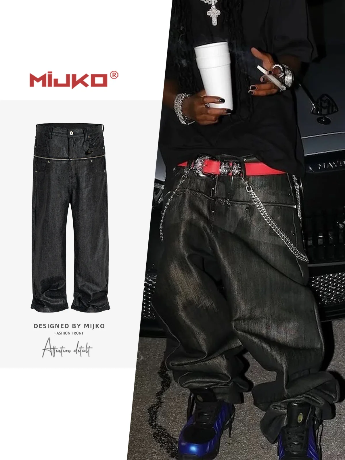 MIJKO Unisex Brush Wax Zipper Original Cow Jeans Men's and Women's Denim Pants ZJ117