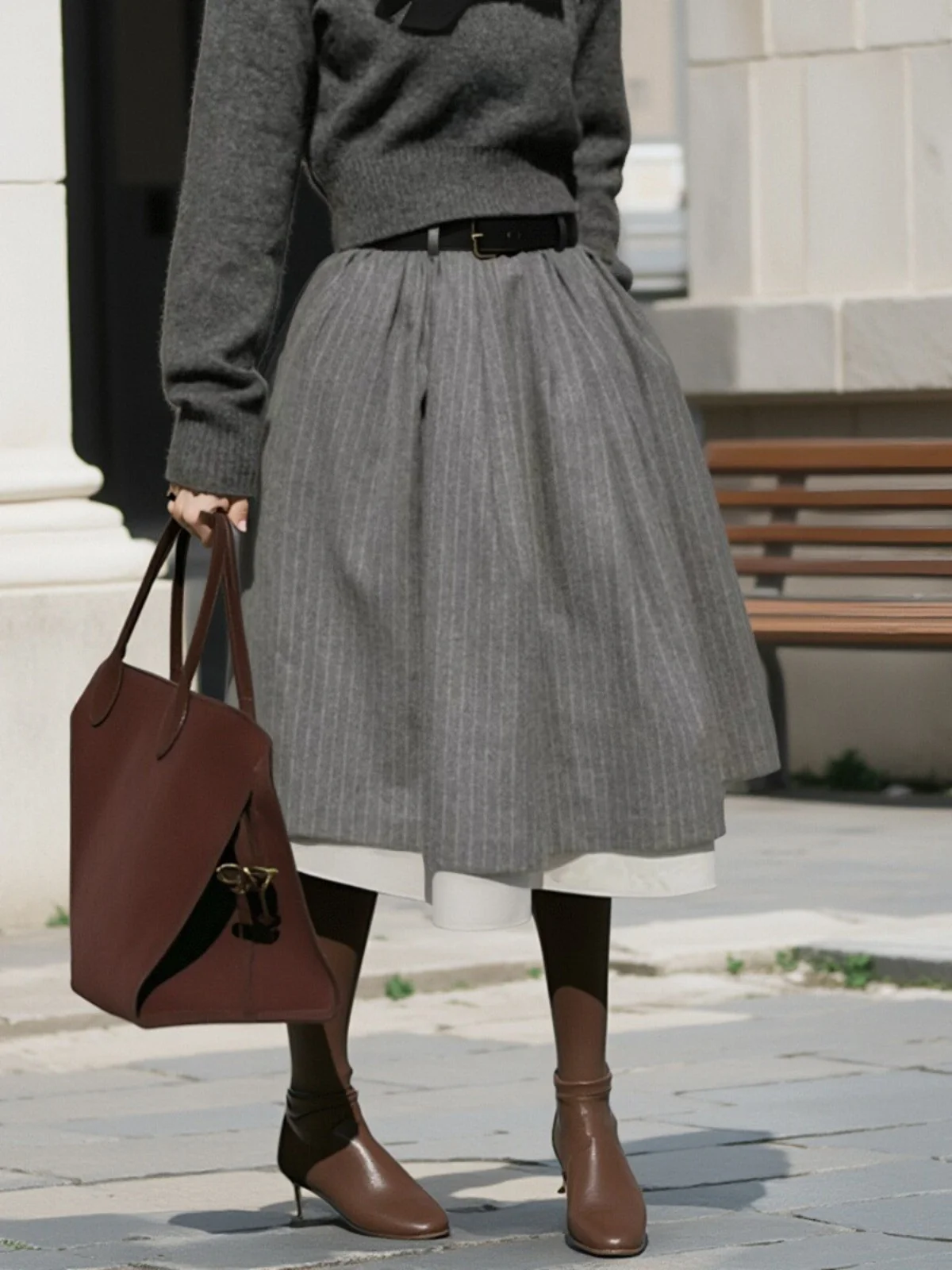 ay Stripe Double Layer Splicing Skirt High Waist Commuter Sle Midi Skirt Loose Fit Regular Thin Pure Color Design