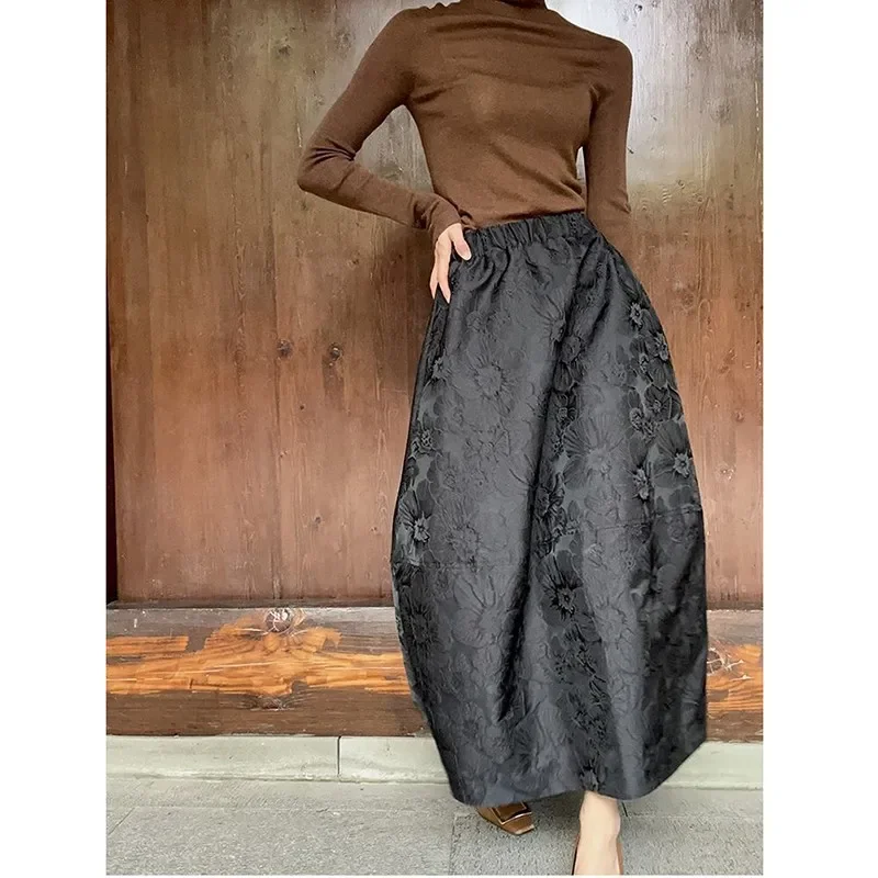 2025 New Arrival Spring/summer Arts Style Women Casual Loose Fit Elastic Waist A-line Jacquard Design Ankle-length Skirt
