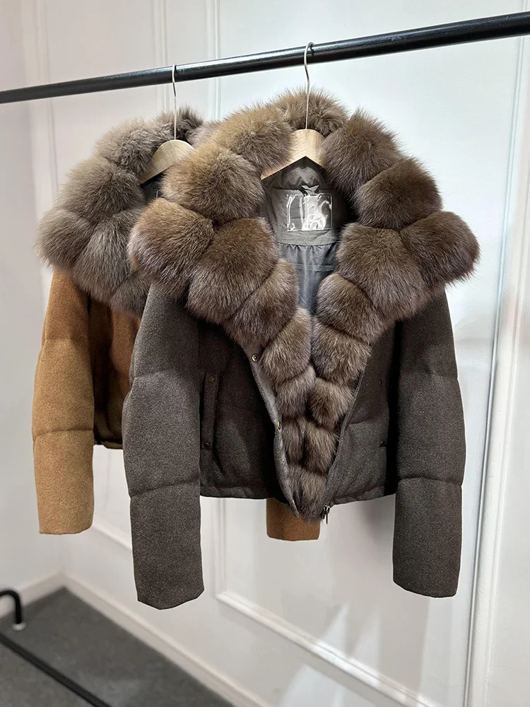 Women 2025 New Real Natural Fox Fur Thick Warm Puffer Down Coat Janveny﻿ Luxury Winter 90% White Duck Down Wool Blends Jacket