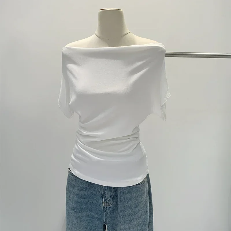Alternative view of Summer Pure Desire One Shoulder Black Short Sleeve Women's T-shirt Korean Style Slimming Top Exposed Shoulder Fashionable