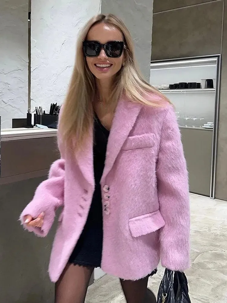 Alternative view of Pink Lapel Woolen Plush Coats Women Elegant Long Sleeve Button Office Lady Blazer Jacket 2025 Winter Fashion Packet Loose Coat
