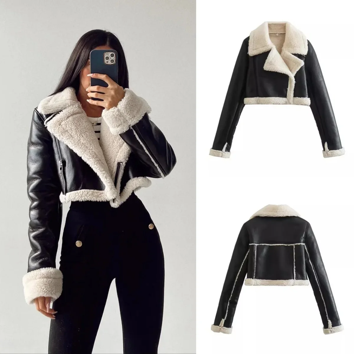 Women Fashion Solid Front Zipper Jackets Vintage Lapel Neck Long Sleeves Female Chic Lady Outfits