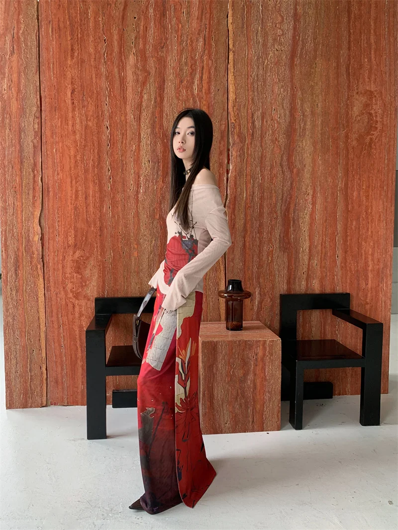 Alternative view of CHEERART Vintage Red Mesh Long Skirts For Woman Lace Up Wrap Maxi Skirt Japanese Fashion Luxury Designer Women Clothing