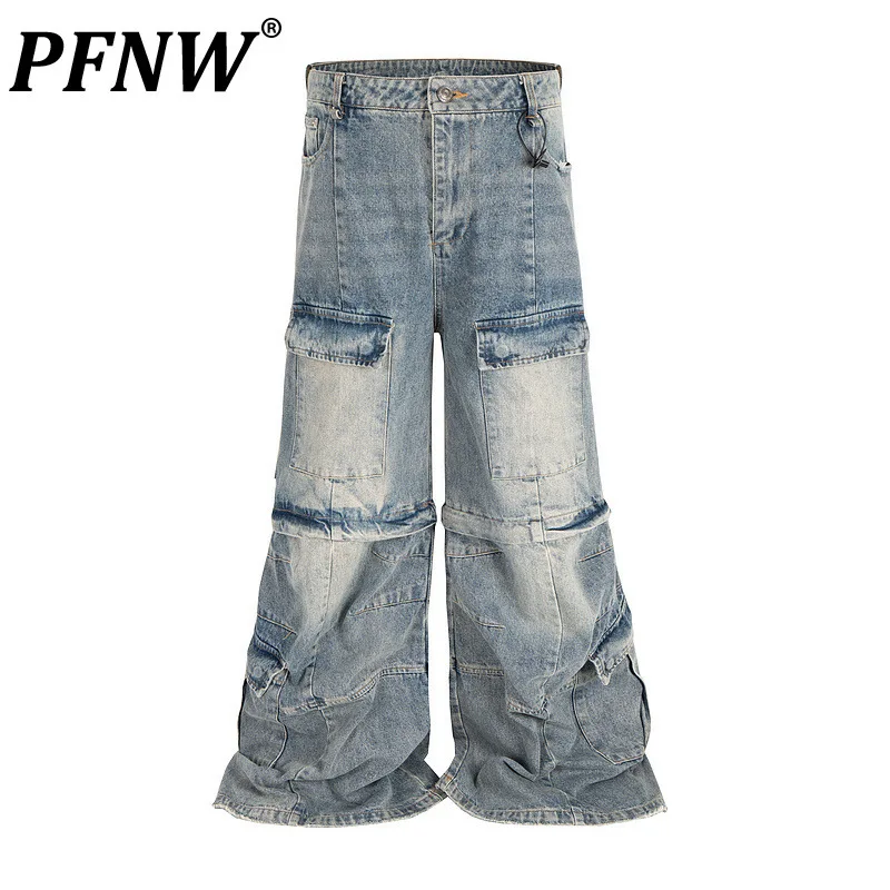 PFNW Men's Trousers Washed Blue Denim Flared Distressed Micro Flared Jeans With Multiple Pockets Detachable Cargo Pants 28W6789