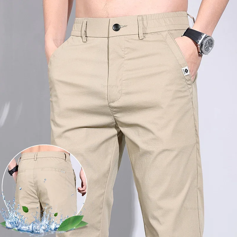 Ultra-thin Elastic Men's Casual Pants 2024 Summer Ice Silk Cotton Fashion Slim Straight Business Trousers Black Gray Khaki