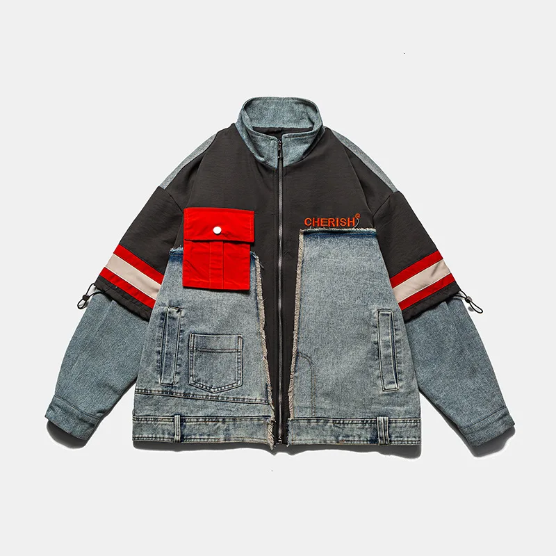 Men Brand Denim Jacket Streetwear Punk Motorcycle Letter Embroidery Splicing Cowboy Coats High Quality Casual Loose Male Outwear