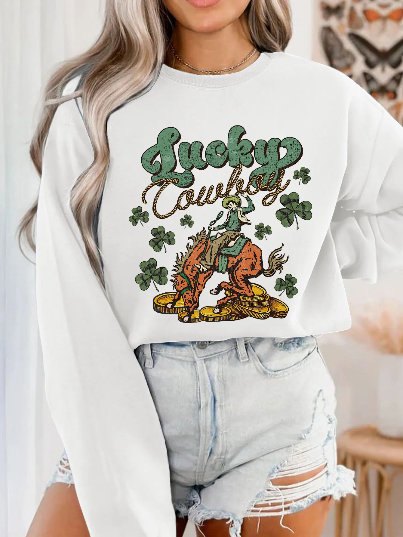 Women's Sweatshirts 2025 Aummer Lucky Cowboy Horse Clover printed pullover tops Sweatshirt Long sleeves graphic street wear