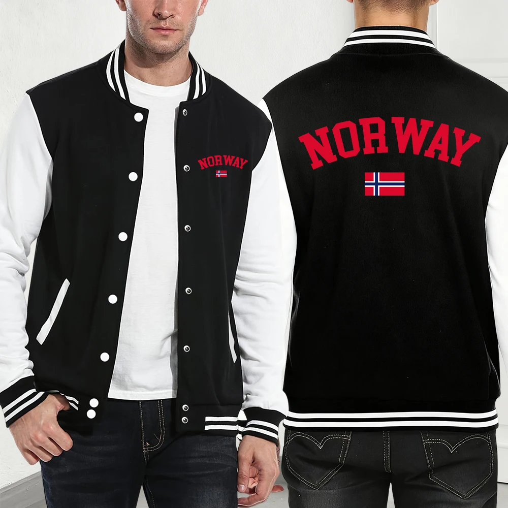Norway Text With Flag Printing Baseball Jersey Mens Autumn Fleece Warm Coats Casual Pocket Jackets Fashion Loose Men'S Clothes