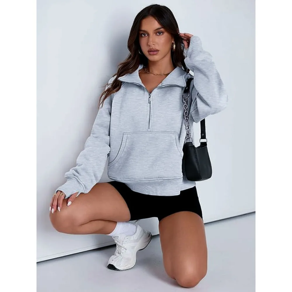 Alternative view of Autumn and winter women's long-sleeved top with a half-zipper loose design, casual long-sleeved sporty versatile sweatshirt