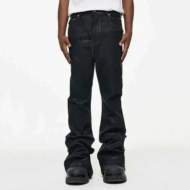 Alternative view of PFNW High Street Coated Brushed Micro Flare Drag Black Jeans Men's Tide Loose Micro Stretch Waxed Trousers Niche Design 28W5688