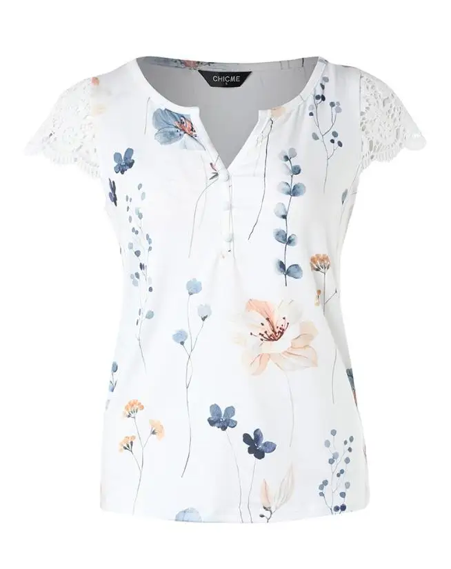 Alternative view of 2024 New Summer Leisure Women's T-Shirt with Floral Print V-Neck Lace Patchwork Sleeve Patch Casual Comfortable Top Pullover