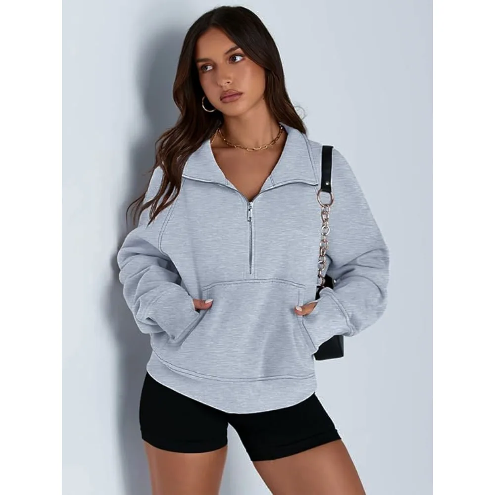 Autumn and winter women's long-sleeved top with a half-zipper loose design, casual long-sleeved sporty versatile sweatshirt