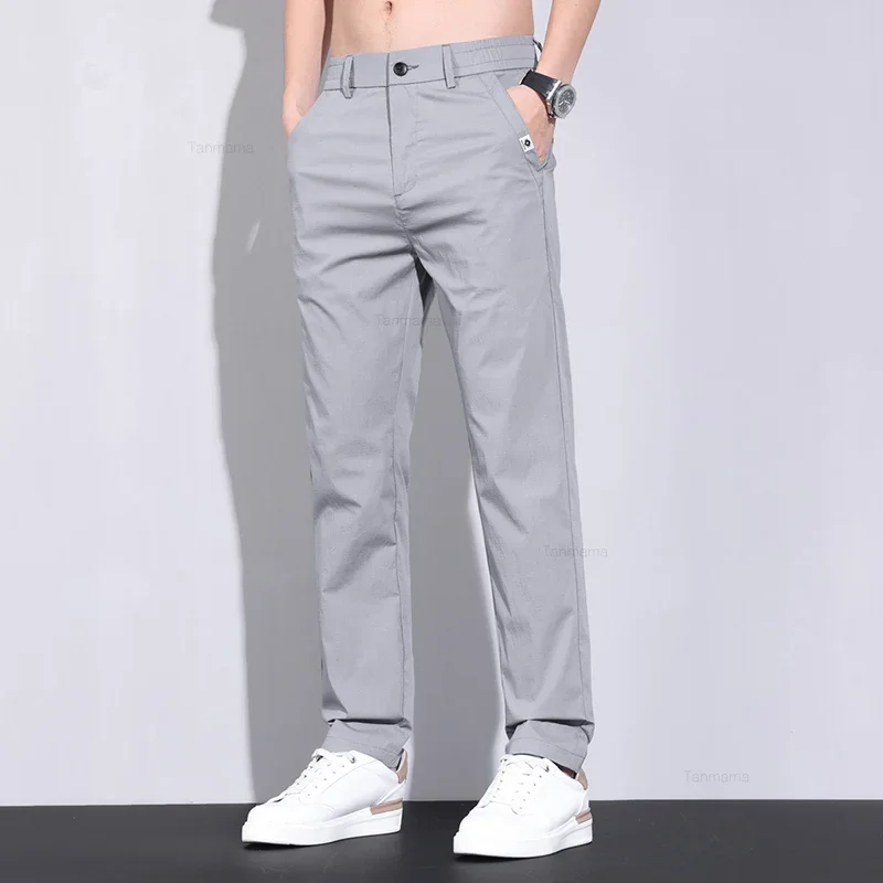Alternative view of Ultra-thin Elastic Men's Casual Pants 2024 Summer Ice Silk Cotton Fashion Slim Straight Business Trousers Black Gray Khaki