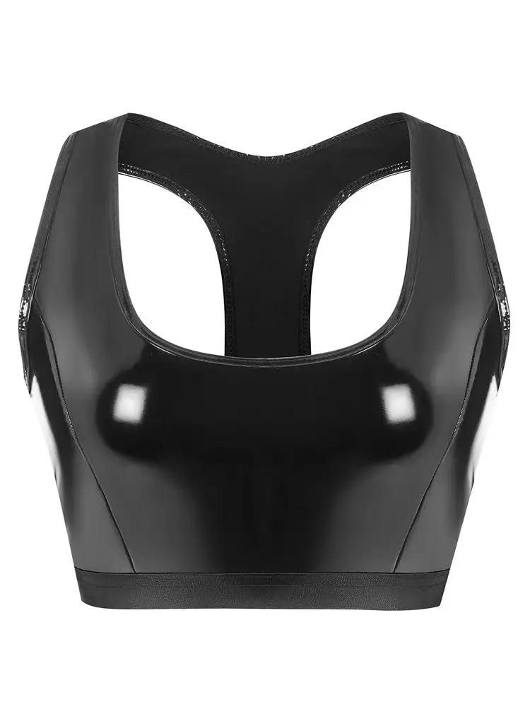 S-3XL Wet Look PVC Tank Bustier Crop Tops Shiny PU Leather Vest Camis Tights Sexy Gym Athletic Croptop Copped Sleeveless Shirt