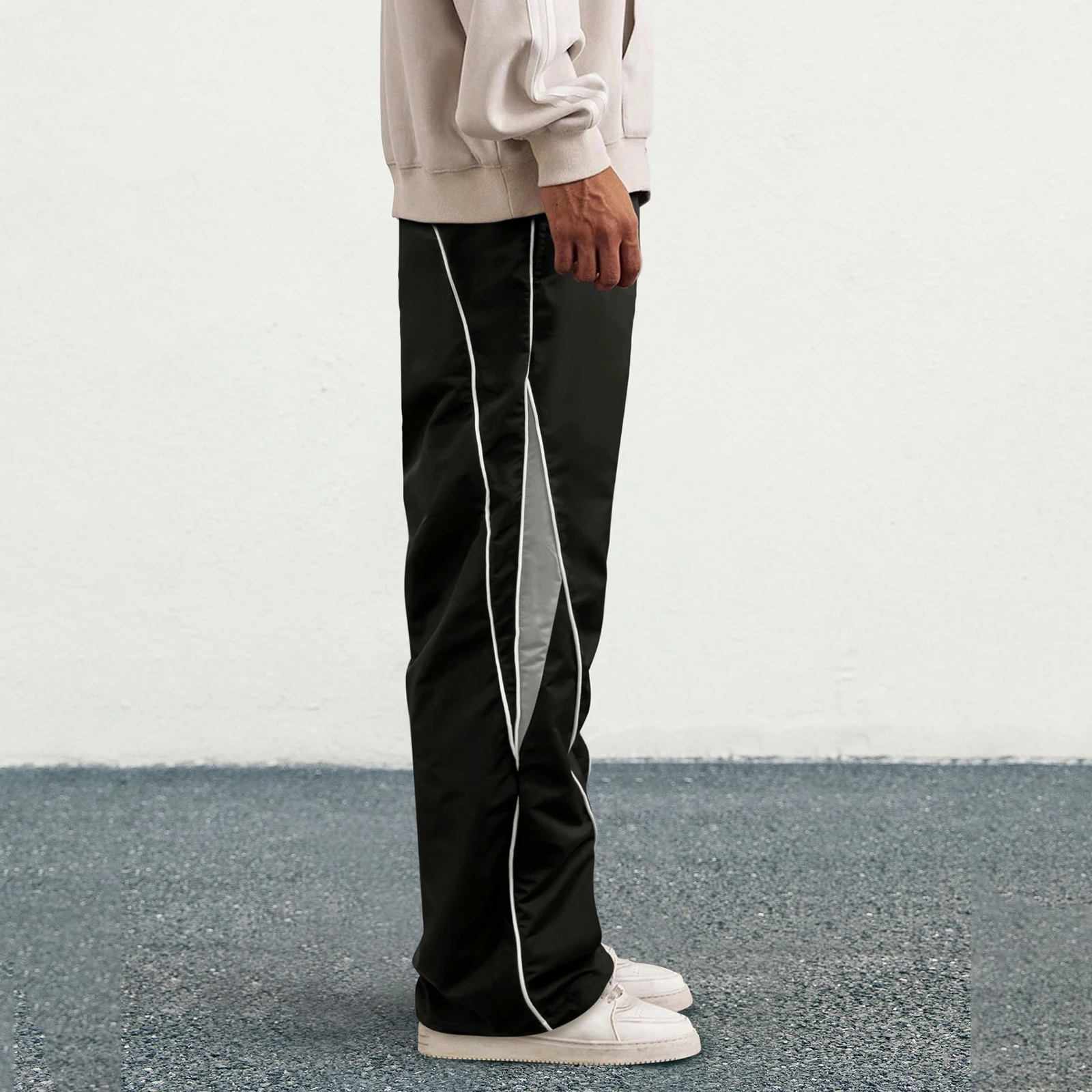 Alternative view of Men's Patchwork Wide Leg Pants Fashionable Casual Contrast Color Loose Sewing Elastic Waist Pants