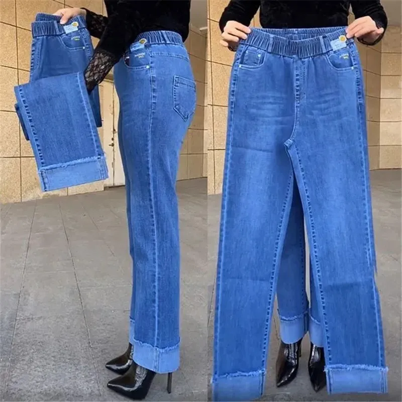 Middle-aged Mother Jeans Spring Summer Stretch Waist Straight Denim Pants Women's Autumn Large Size Casual Ankle-Length Trousers