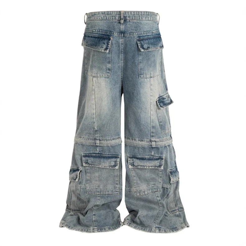 Alternative view of PFNW Men's Trousers Washed Blue Denim Flared Distressed Micro Flared Jeans With Multiple Pockets Detachable Cargo Pants 28W6789