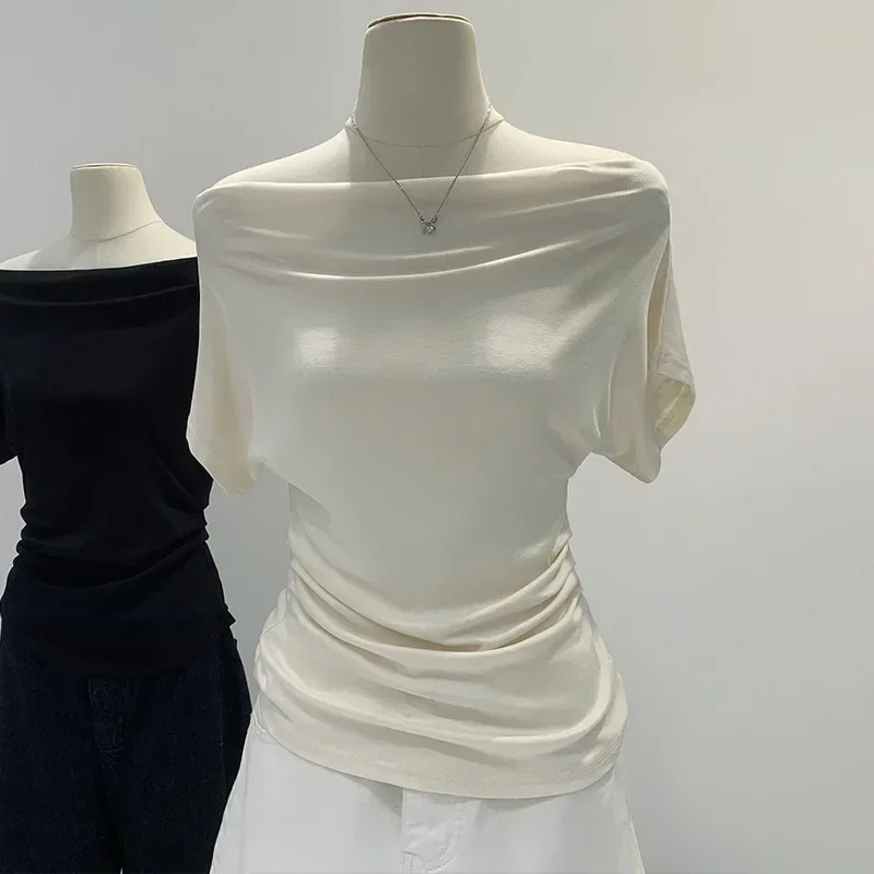 Summer Pure Desire One Shoulder Black Short Sleeve Women's T-shirt Korean Style Slimming Top Exposed Shoulder Fashionable