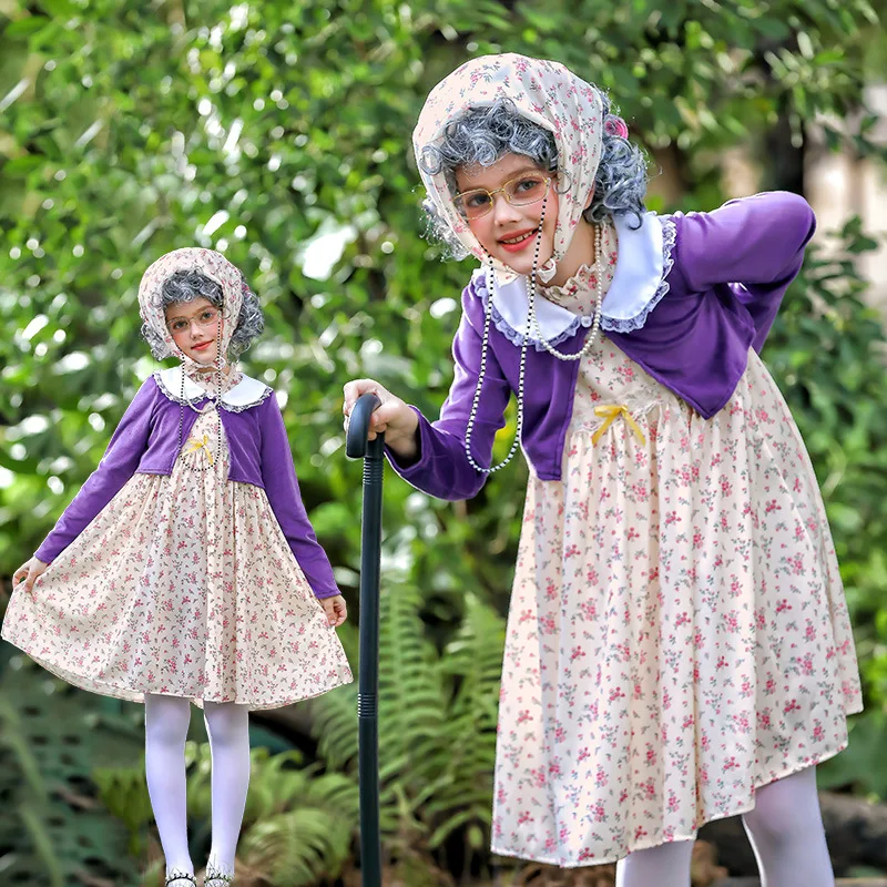 Carnival Children's Clothing School 100 Days Grandma Suit Funny Dress Cos Old Woman Clothing Floral Skirt