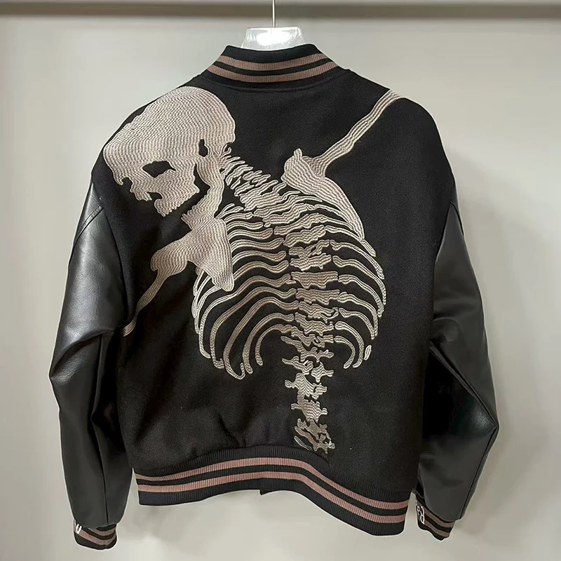 Alternative view of Real Photo GOD SPEED Baseball Jacket American Vintage Patchwork Leather Sleeves Unisex Embroidery Skeleton Jacket Coats