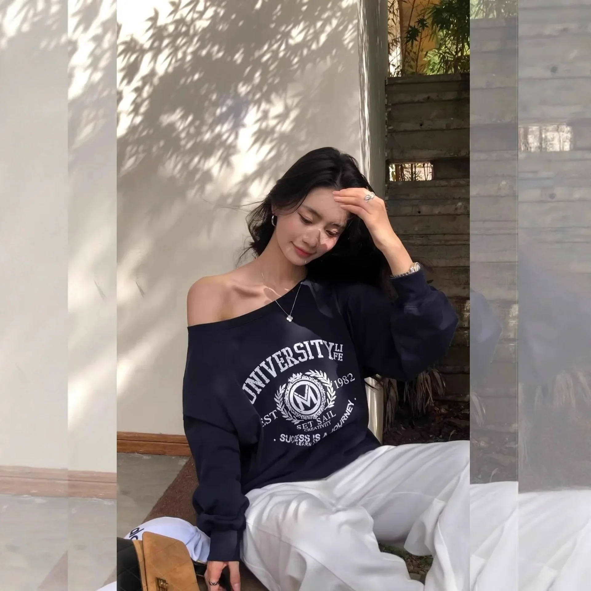 Alternative view of Cool Fashionable Korean Style Letter Print Oversized Early Autumn Lazy Style Sweatshirt Shoulder Print Polyester Fiber Women's H