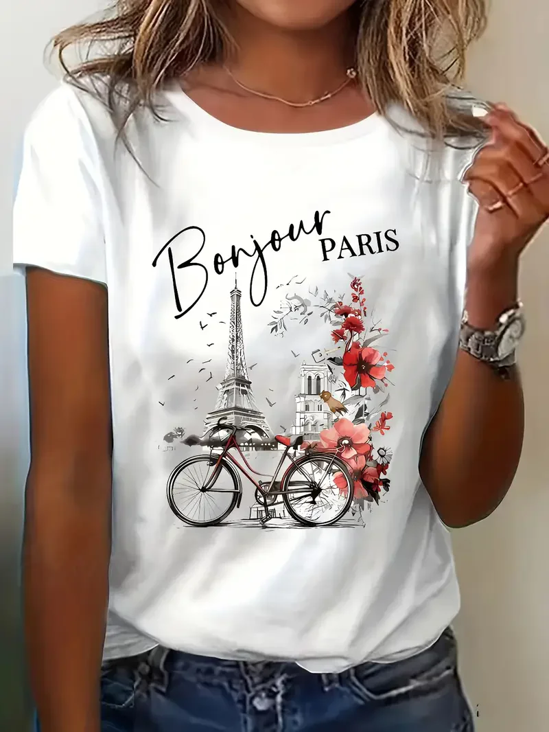 Fashion Bonjour Paris Text Print Short Sleeve Printed T Shirt Casual Clothing Women's T-Shirt Graphic Clothing Top Tee
