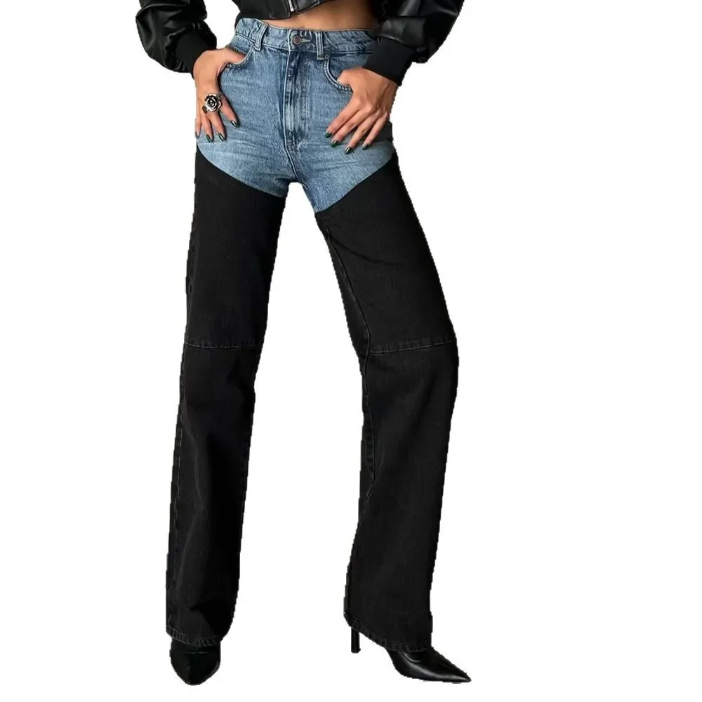 Alternative view of High Waist Wide Leg Straight Cut Spring Autumn Women's Jeans Color Block Splicing Design Versatile Fashionable Long Trousers