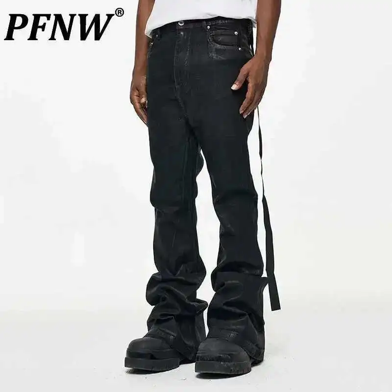 PFNW High Street Coated Brushed Micro Flare Drag Black Jeans Men's Tide Loose Micro Stretch Waxed Trousers Niche Design 28W5688