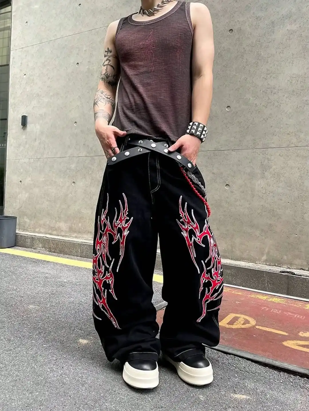 Y2K Fashion Street Jeans Harajuku Hip Hop Retro Loose Red Stripe Printing Baggy Jeans Denim Pants Men Women Gothic Wide Trousers