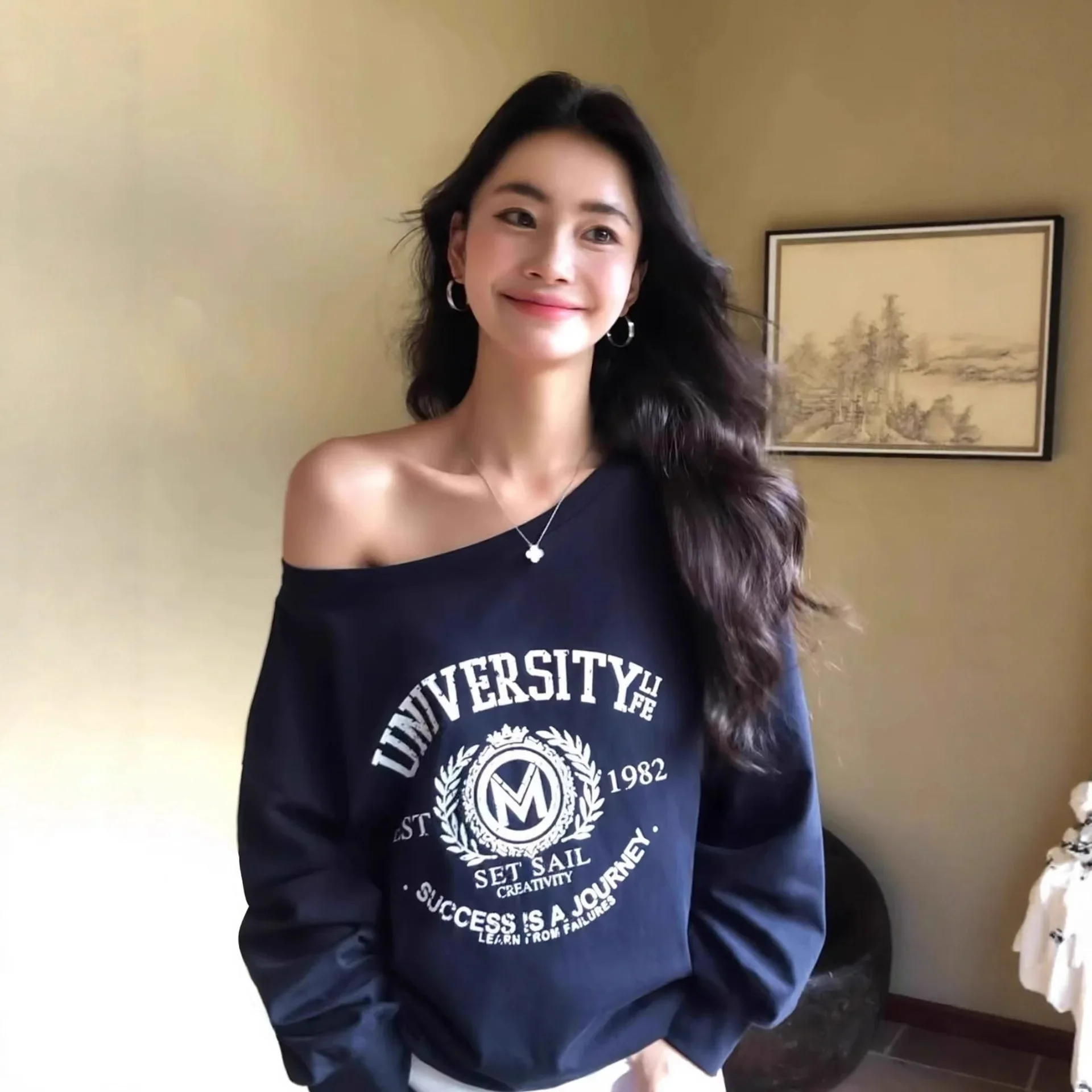 Cool Fashionable Korean Style Letter Print Oversized Early Autumn Lazy Style Sweatshirt Shoulder Print Polyester Fiber Women's H