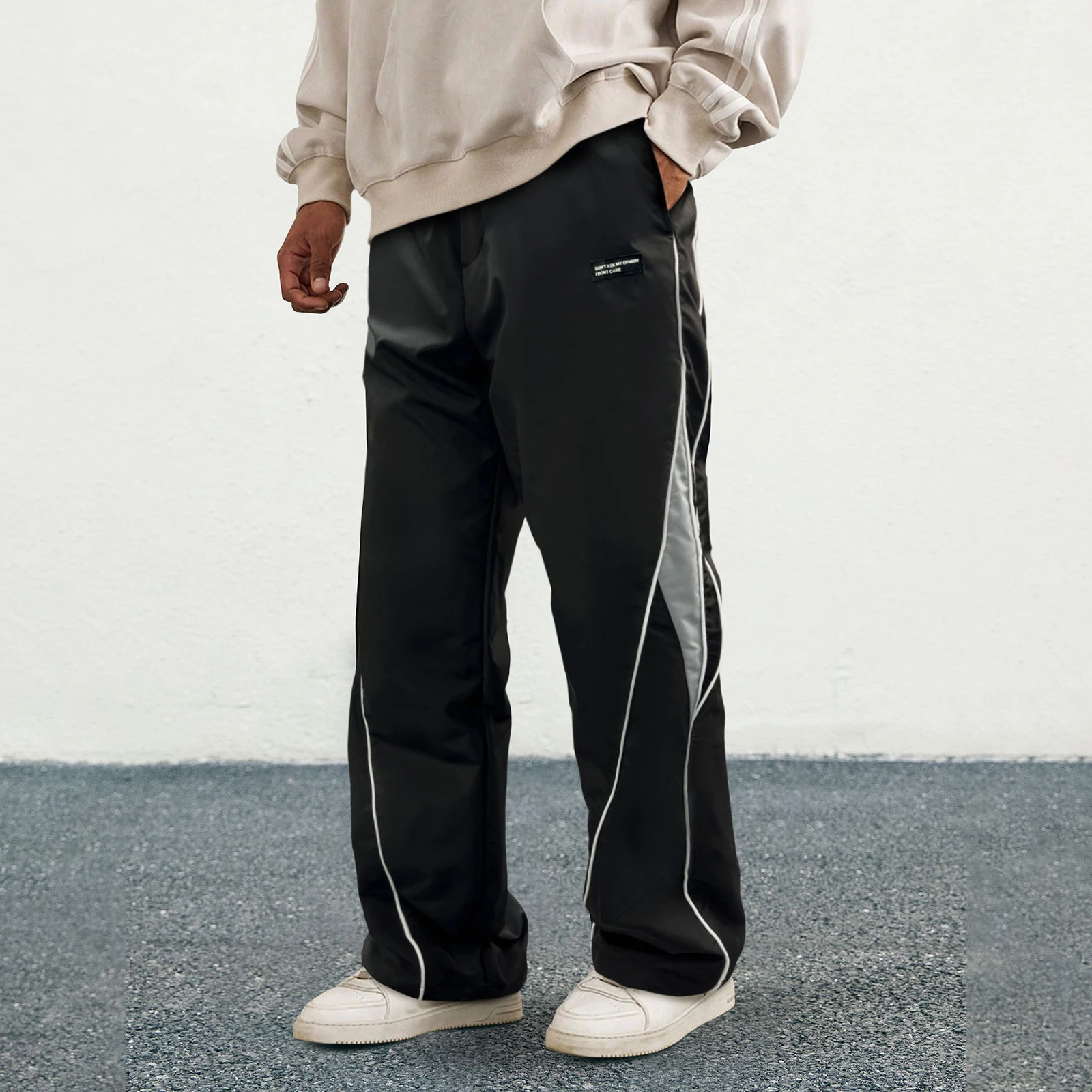 Men's Patchwork Wide Leg Pants Fashionable Casual Contrast Color Loose Sewing Elastic Waist Pants