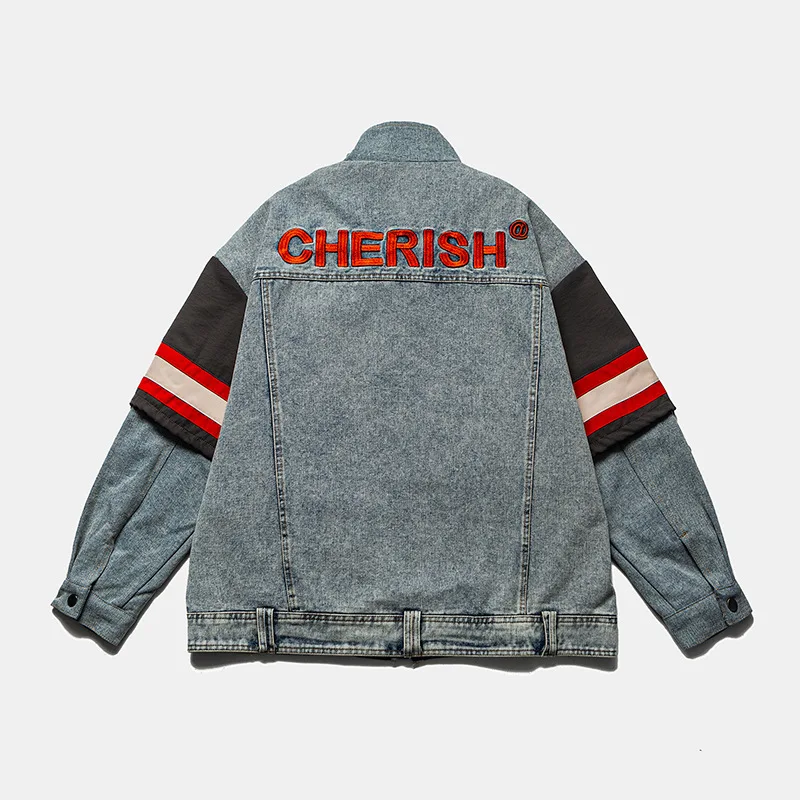 Alternative view of Men Brand Denim Jacket Streetwear Punk Motorcycle Letter Embroidery Splicing Cowboy Coats High Quality Casual Loose Male Outwear