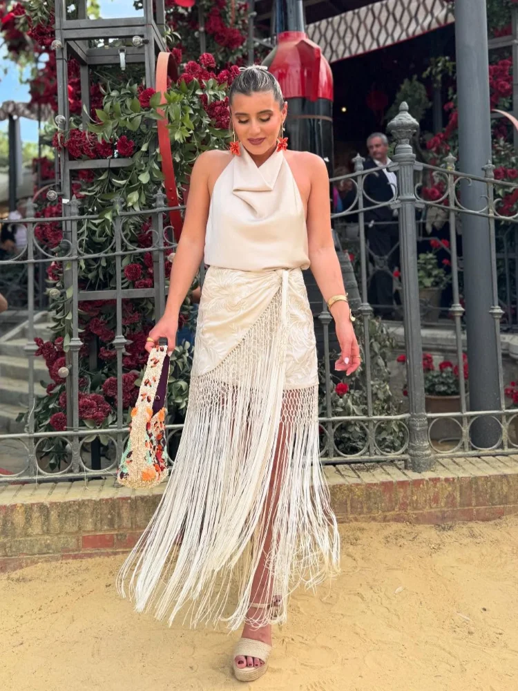 Tassels Patchwork High Waist Skirt Women Elegant A-line Loose Fit Lace Up Long Skirts 2025 Chic Female Party Club Streetwear New