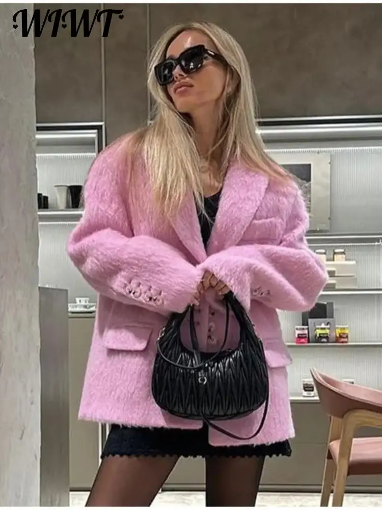 Pink Lapel Woolen Plush Coats Women Elegant Long Sleeve Button Office Lady Blazer Jacket 2025 Winter Fashion Packet Loose Coat