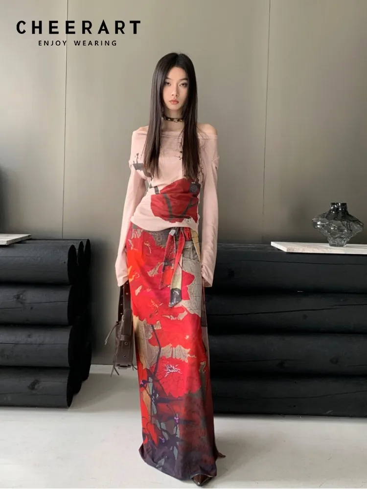 CHEERART Vintage Red Mesh Long Skirts For Woman Lace Up Wrap Maxi Skirt Japanese Fashion Luxury Designer Women Clothing