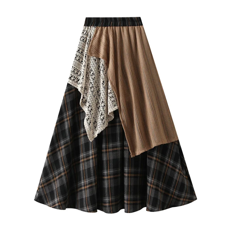 Vintage midi skirt with irregular grid lace patchwork, high waisted women's long skirt, A-line skirt, mini skirt