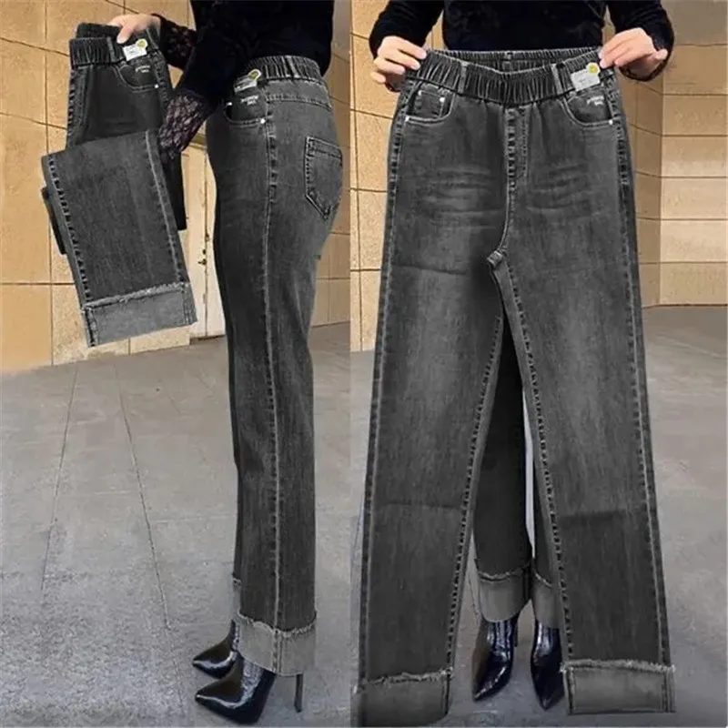 Alternative view of Middle-aged Mother Jeans Spring Summer Stretch Waist Straight Denim Pants Women's Autumn Large Size Casual Ankle-Length Trousers